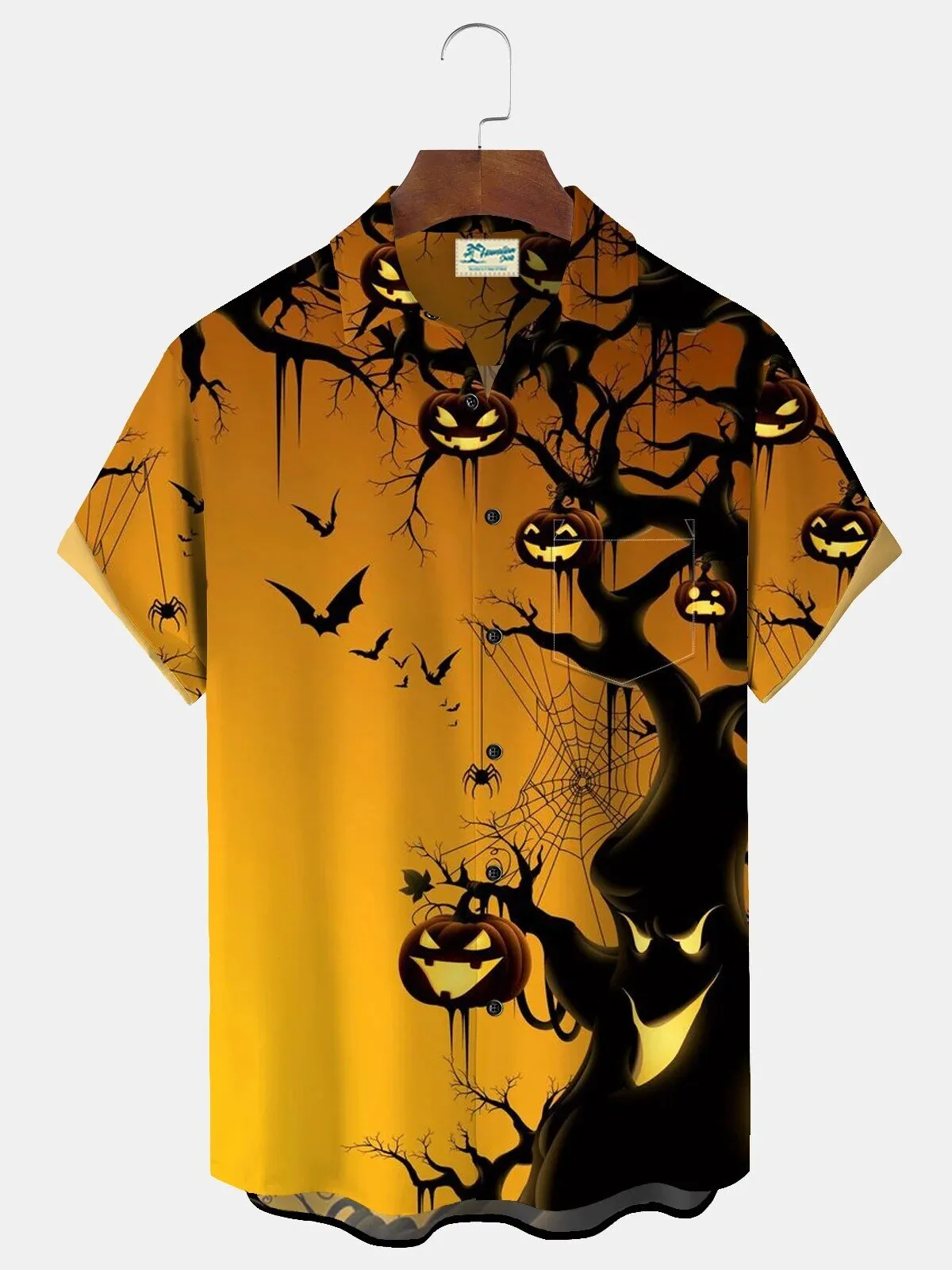 Spooky Halloween Jack O Lantern Tree Men's Short Sleeve Button Down Hawaiian Shirt