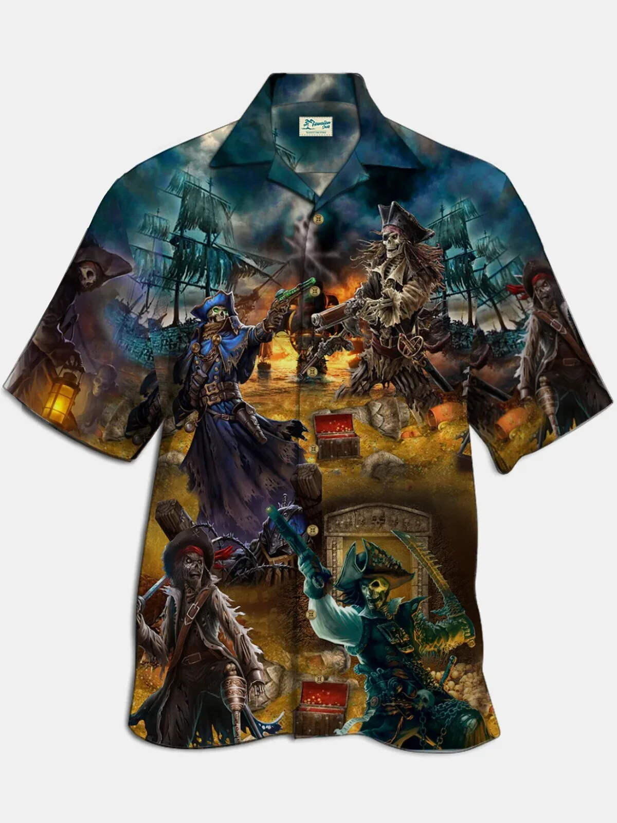 Pirate Skull Treasure Hunt Adventure Mens Button Down Short Sleeve Hawaiian Shirt