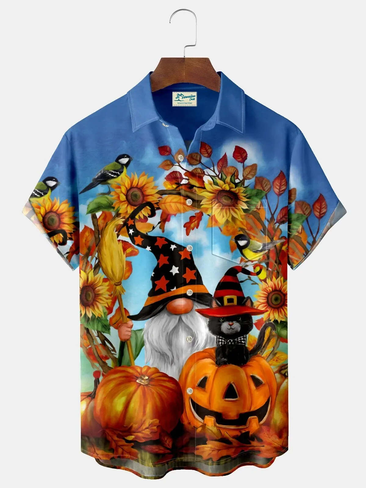 Halloween Gnomes and Black Cat Pumpkin Patch Men's Hawaiian Shirt