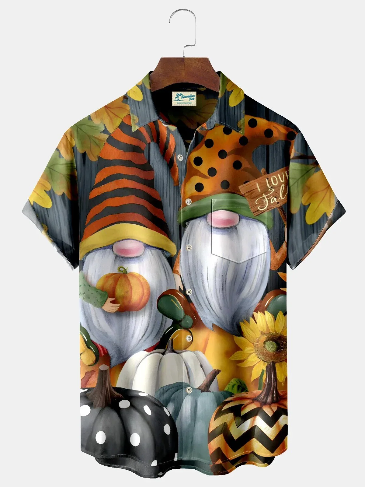 Thanksgiving Gnomes and Pumpkins Autumn Harvest Men's Button Down Hawaiian Shirt