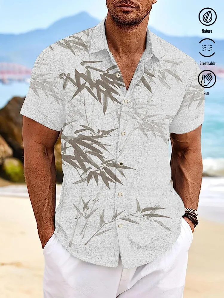 Bamboo Leaves Print Tropical White Hawaiian Shirt