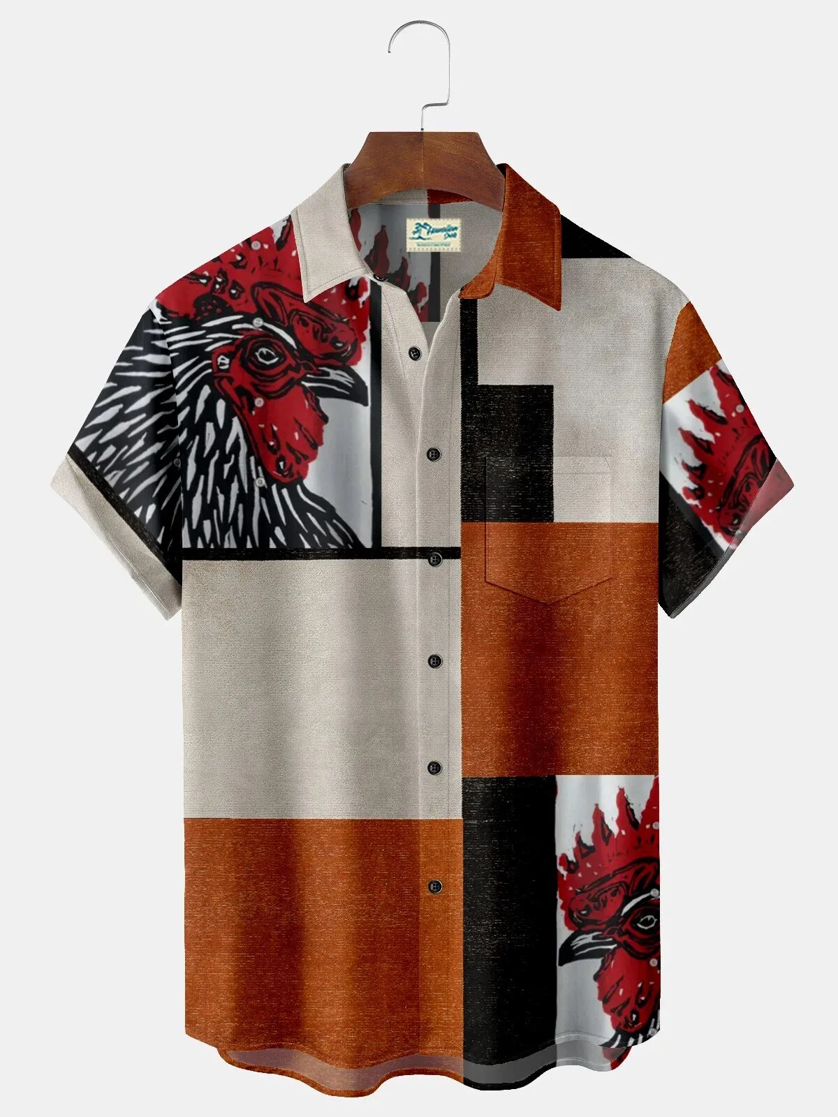 Geometric Chicken Print Men's Hawaiian Shirt with Pockets