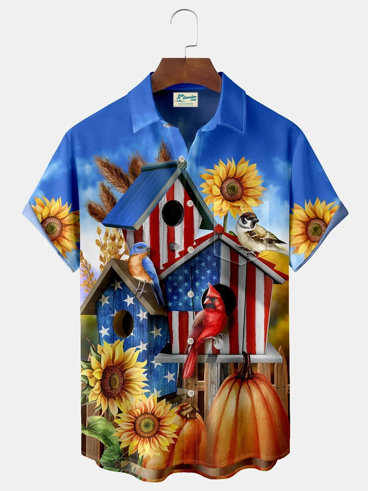 Patriotic Birdhouse and Sunflower Pumpkin Print Men's Hawaiian Shirt