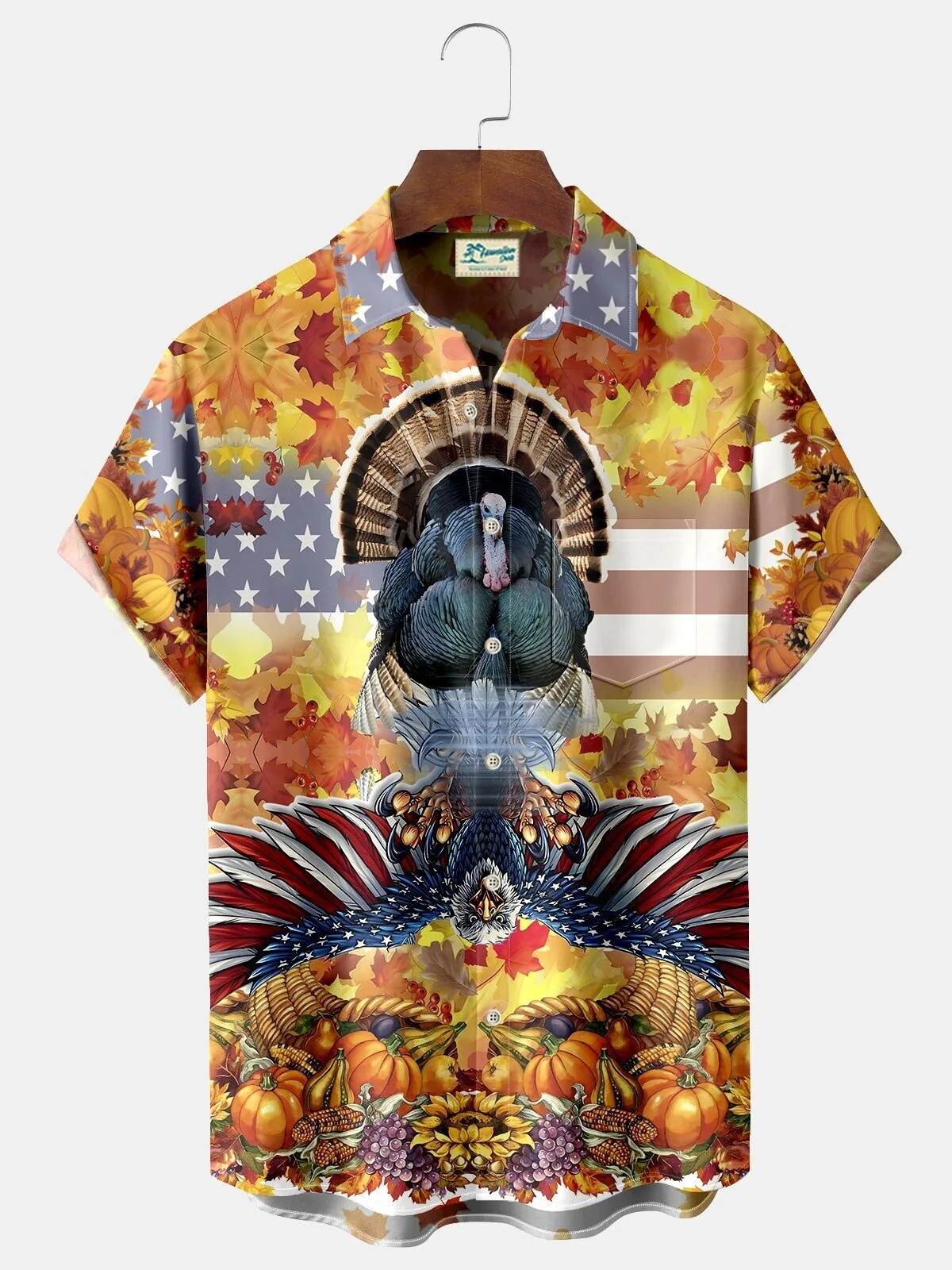 Hawaiian Shirt with Thanksgiving Turkey, Autumn Leaves, and American Flag Design