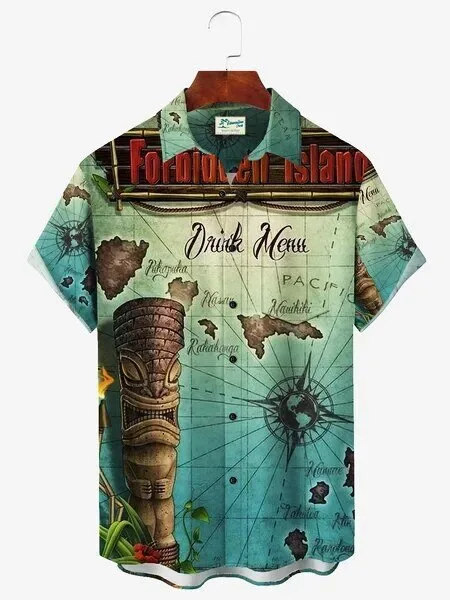 Men's Hawaiian Shirt Featuring Nautical Map of Forbidden Island Tiki Drink Menu