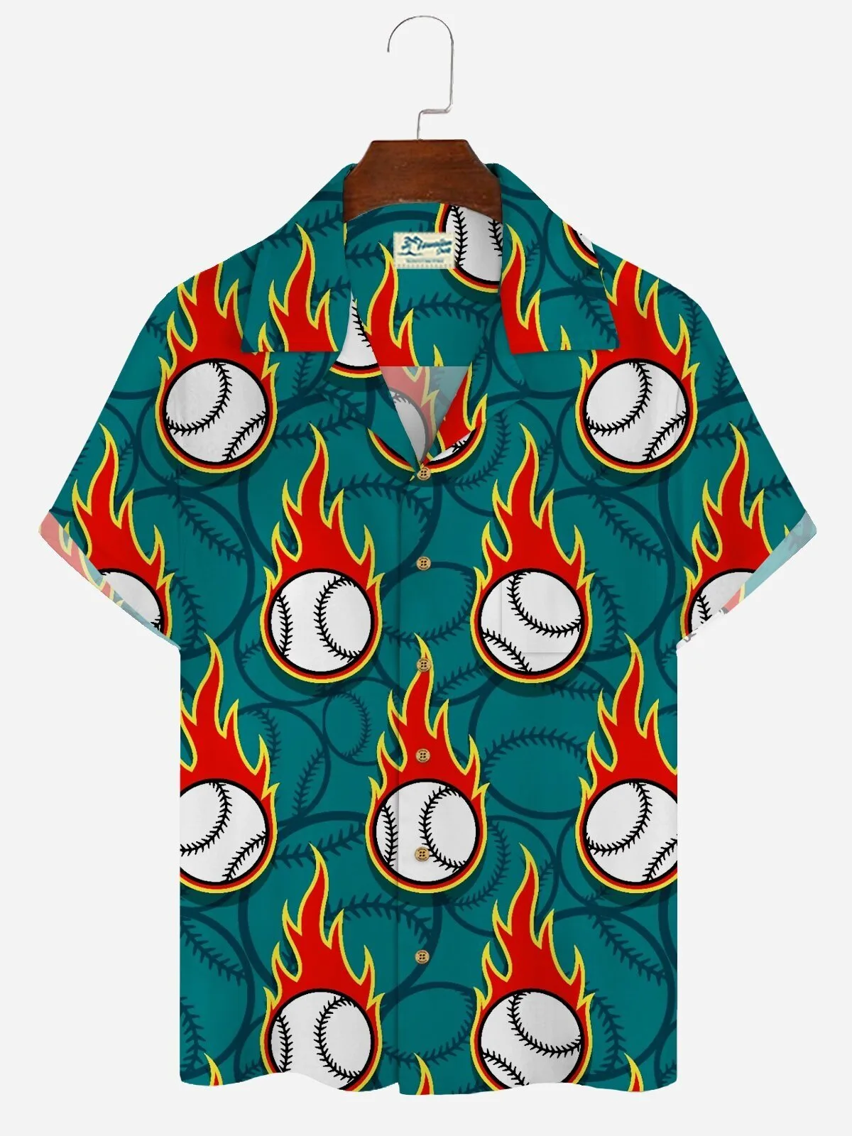 Vintage Flame Baseball Pattern Men's Hawaiian Shirt with Camp Collar