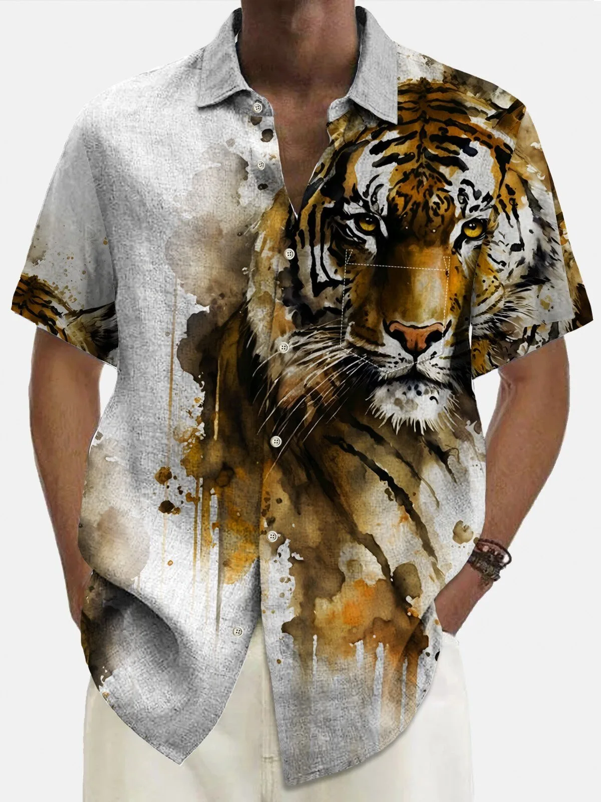 Watercolor Tiger Print Men's Casual Button Down Short Sleeve Hawaiian Shirt