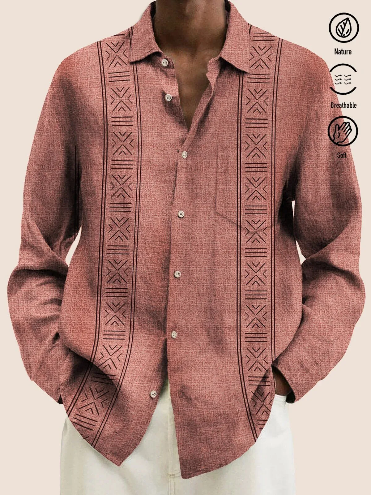 Men's Vintage Aztec Red Geometric Art Cotton Linen Guayabera Button Down Shirt