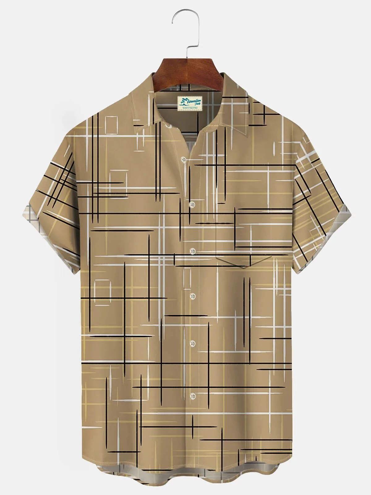 Mid-Century Geometric Khaki Tan Hawaiian Shirt with Pocket for Men