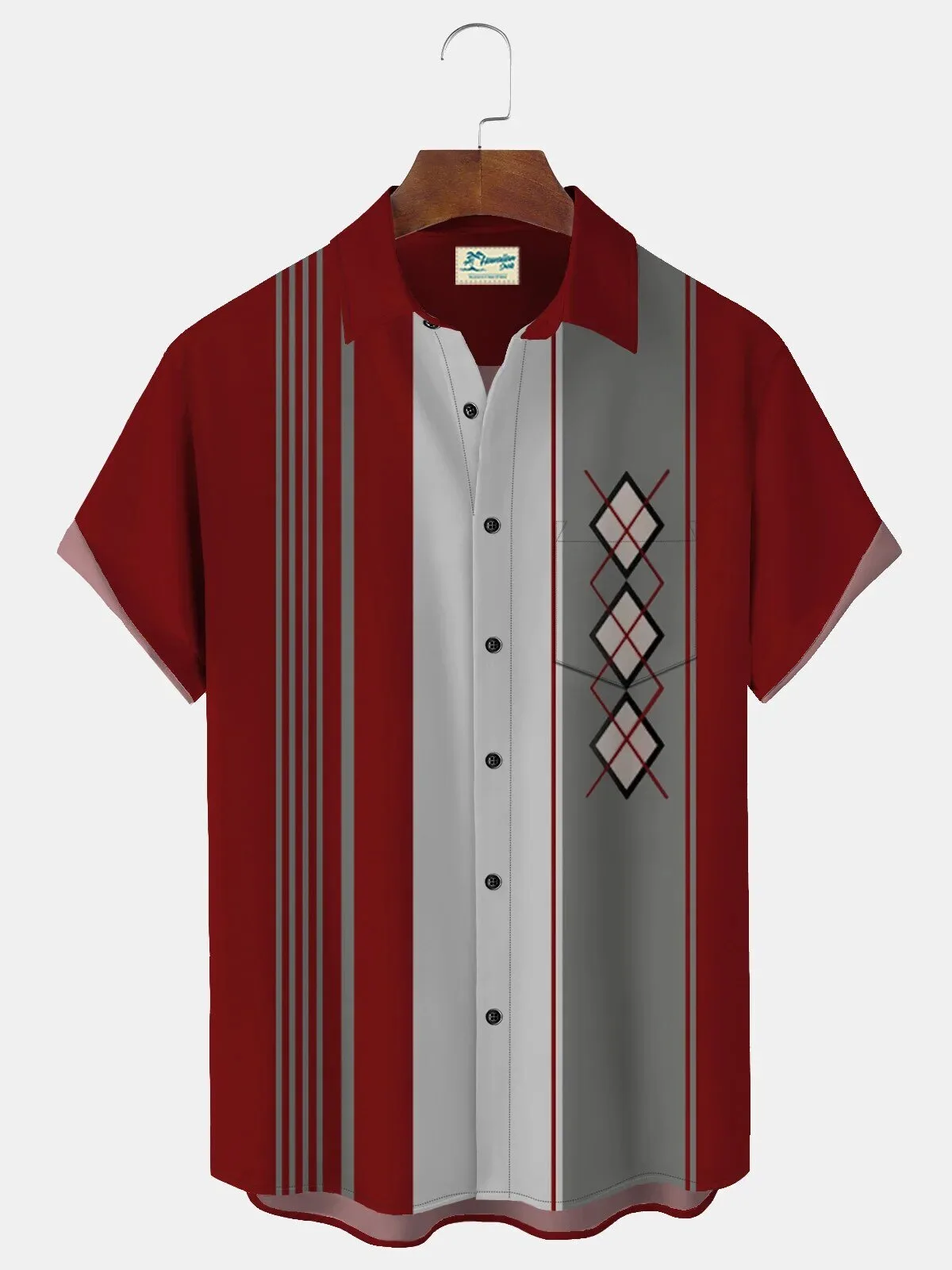 Retro 1950s Mid-Century Geometric Argyle Pattern Men's Bowling Shirt