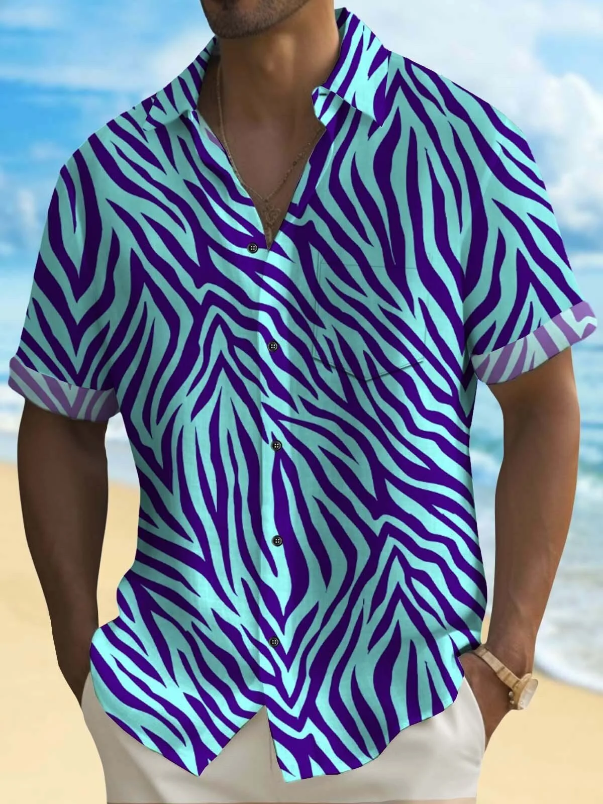 Zebra Print Teal Purple Animal Pattern Hawaiian Shirt