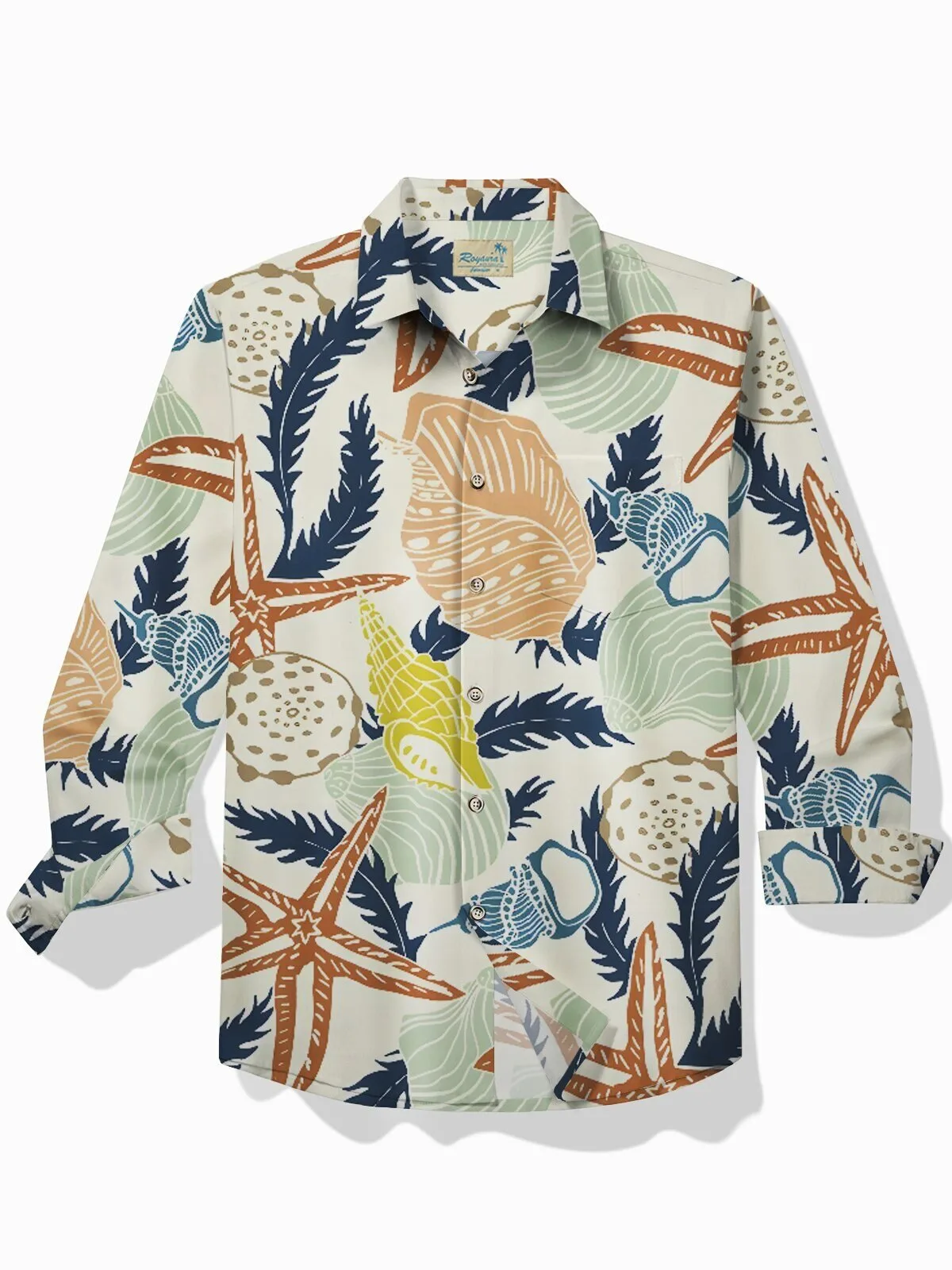 Seashell and Starfish Beach Vacation Long Sleeve Button Down Hawaiian Shirt