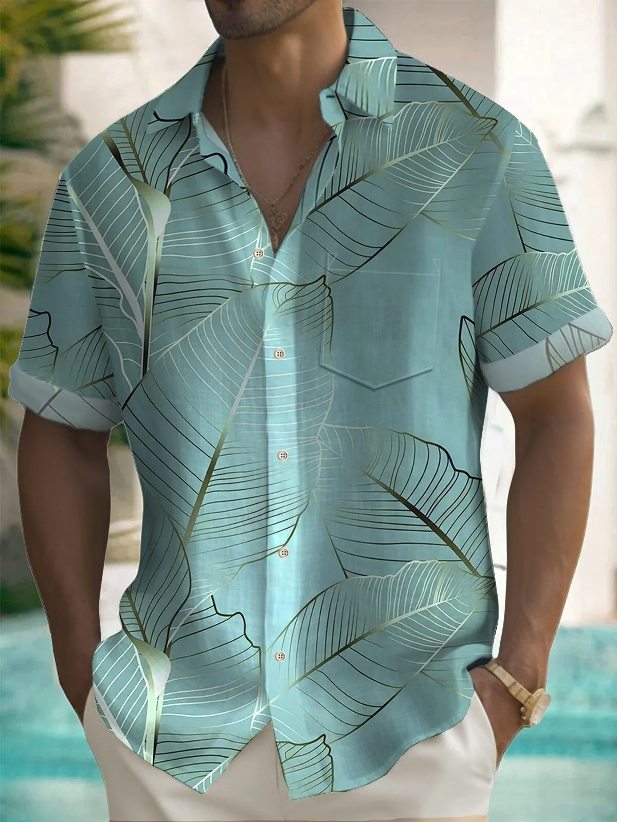Men's Tropical Botanical Gold Leaf Print Hawaiian Shirt with Pocket