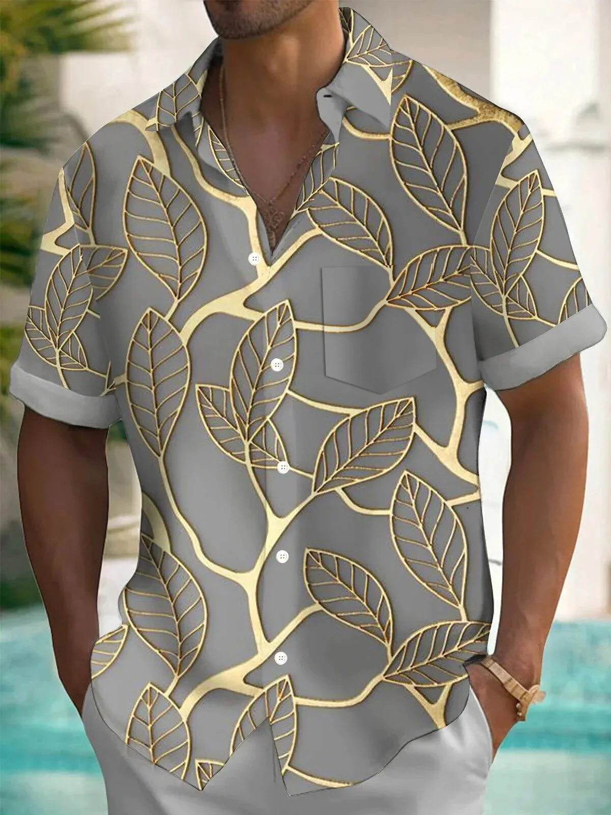 Vintage Botanical Gold Leaf Print Men's Short Sleeve Button Down Hawaiian Shirt