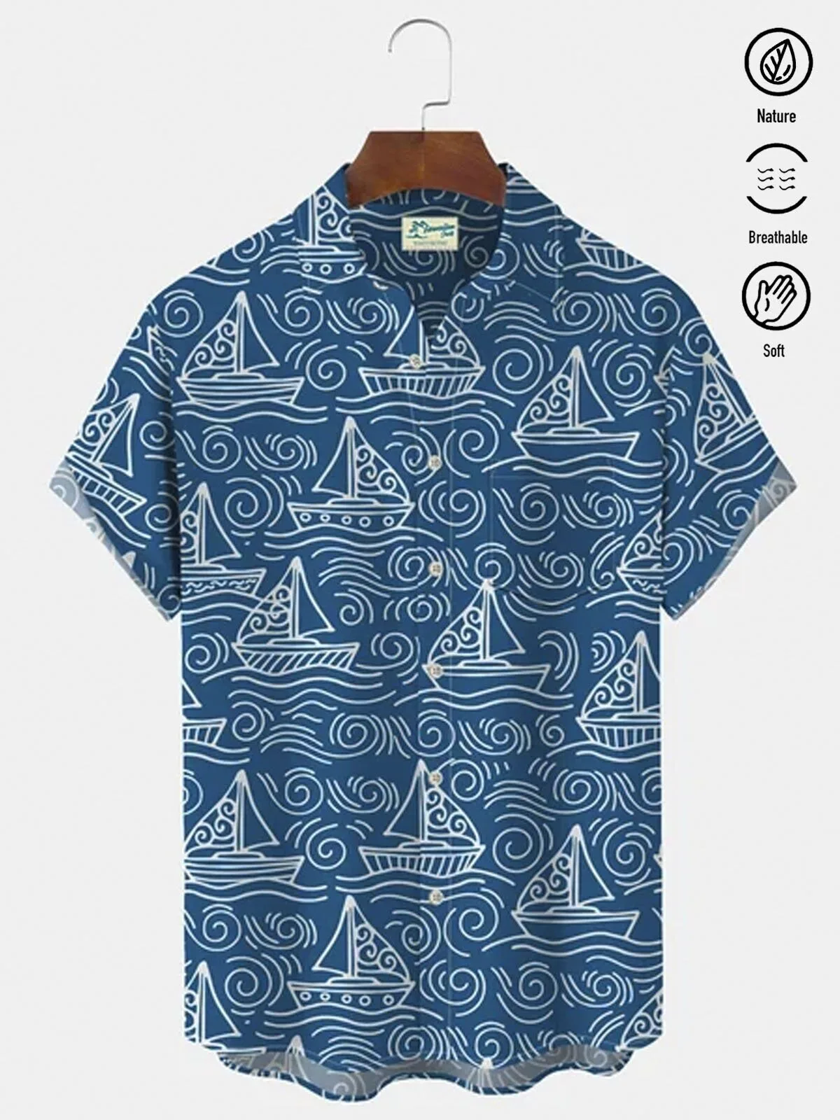 Men's Hawaiian Shirt with Vintage Blue Sailing Boat Design