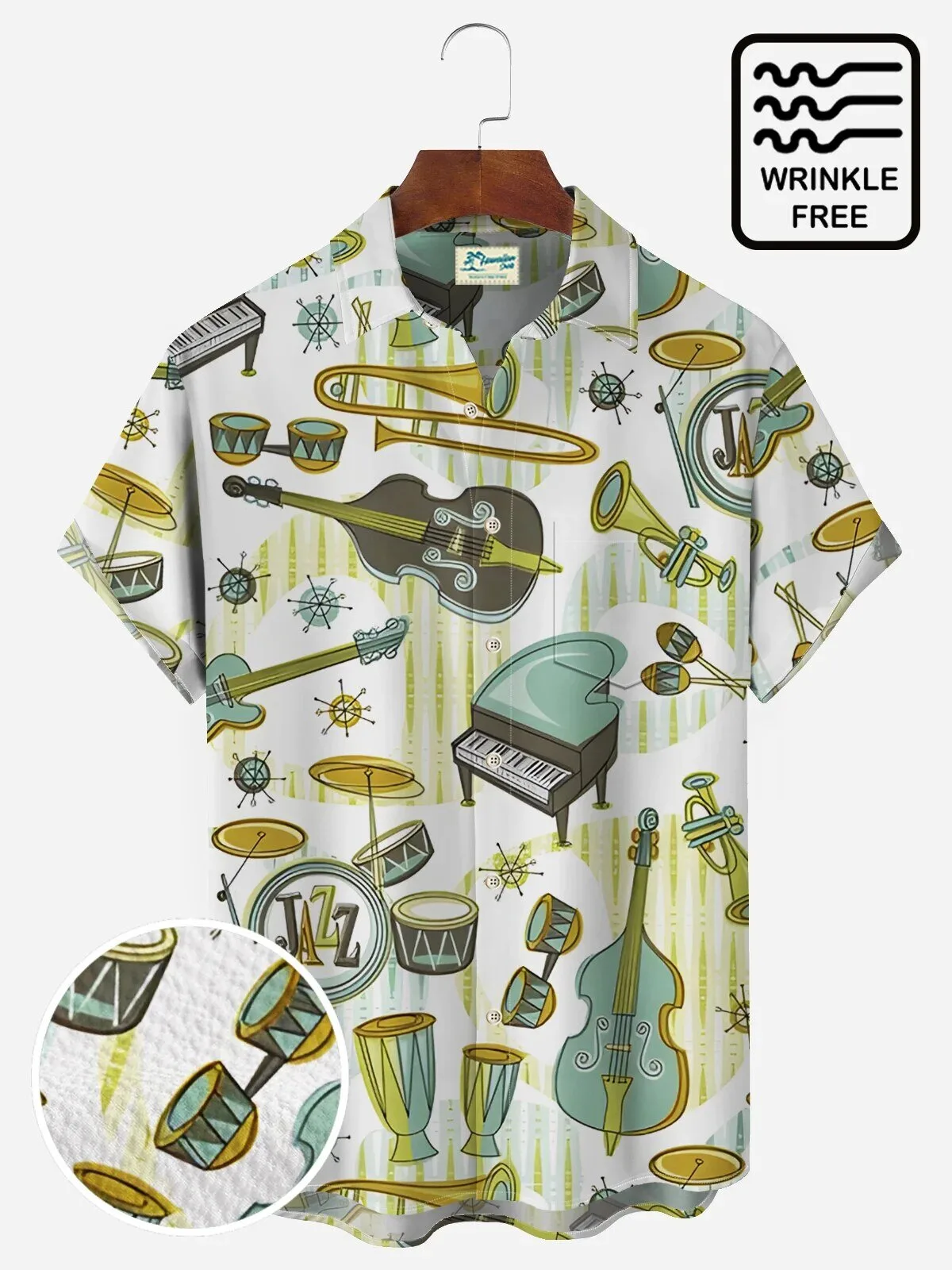 Vintage Jazz Music Instruments Print White Hawaiian Shirt for Men
