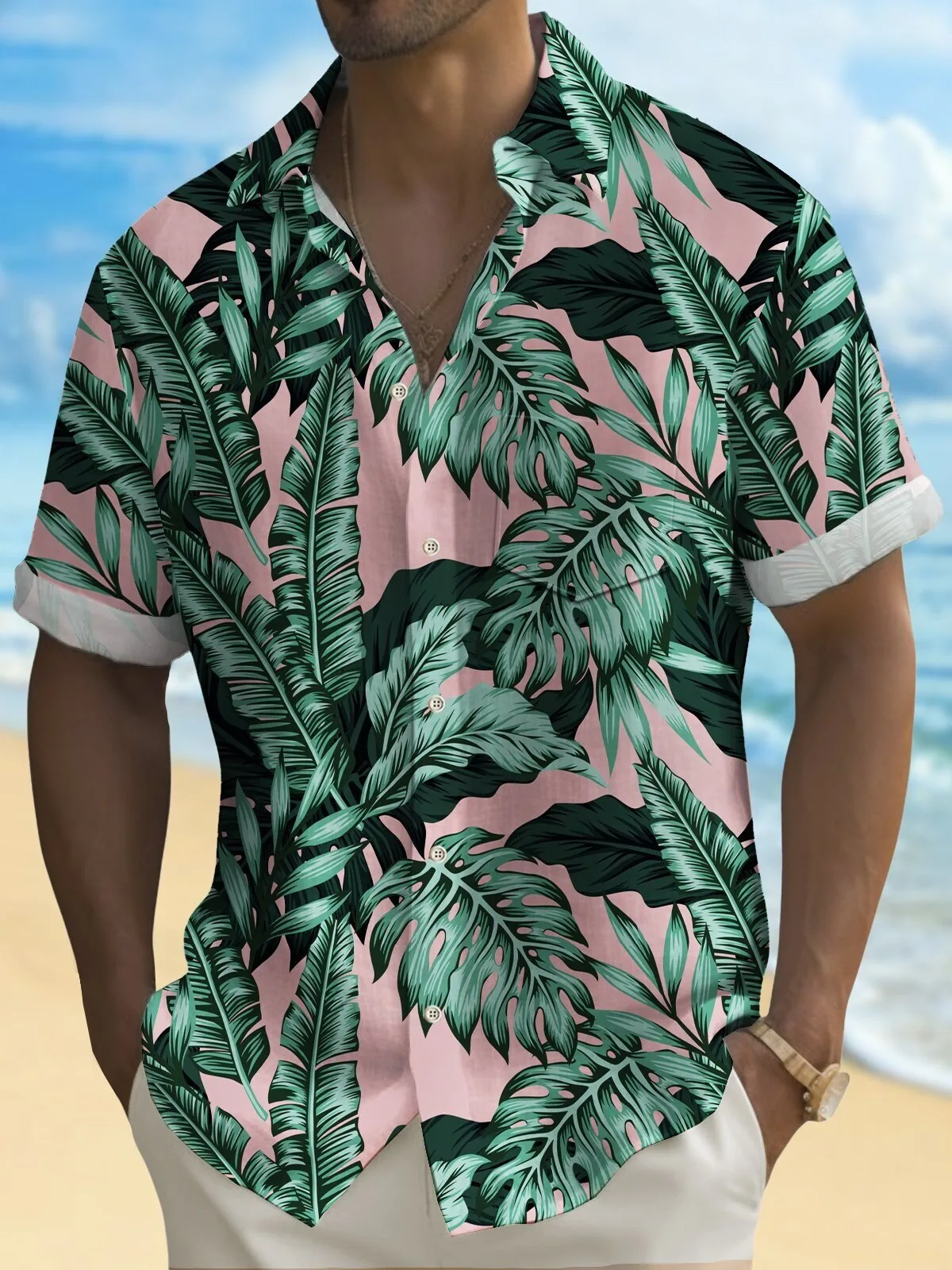 Tropical Green Leaf Botanical Print Pink Hawaiian Shirt for Men