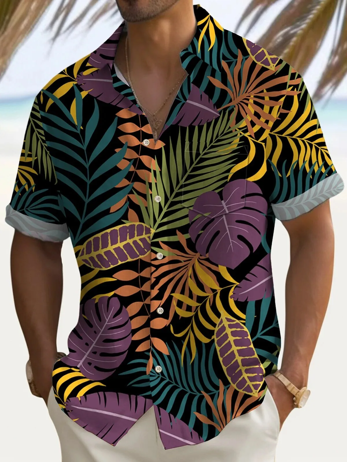 Tropical Leaves Hawaiian Shirt for Men, Colorful Plant Print Button Down Shirt