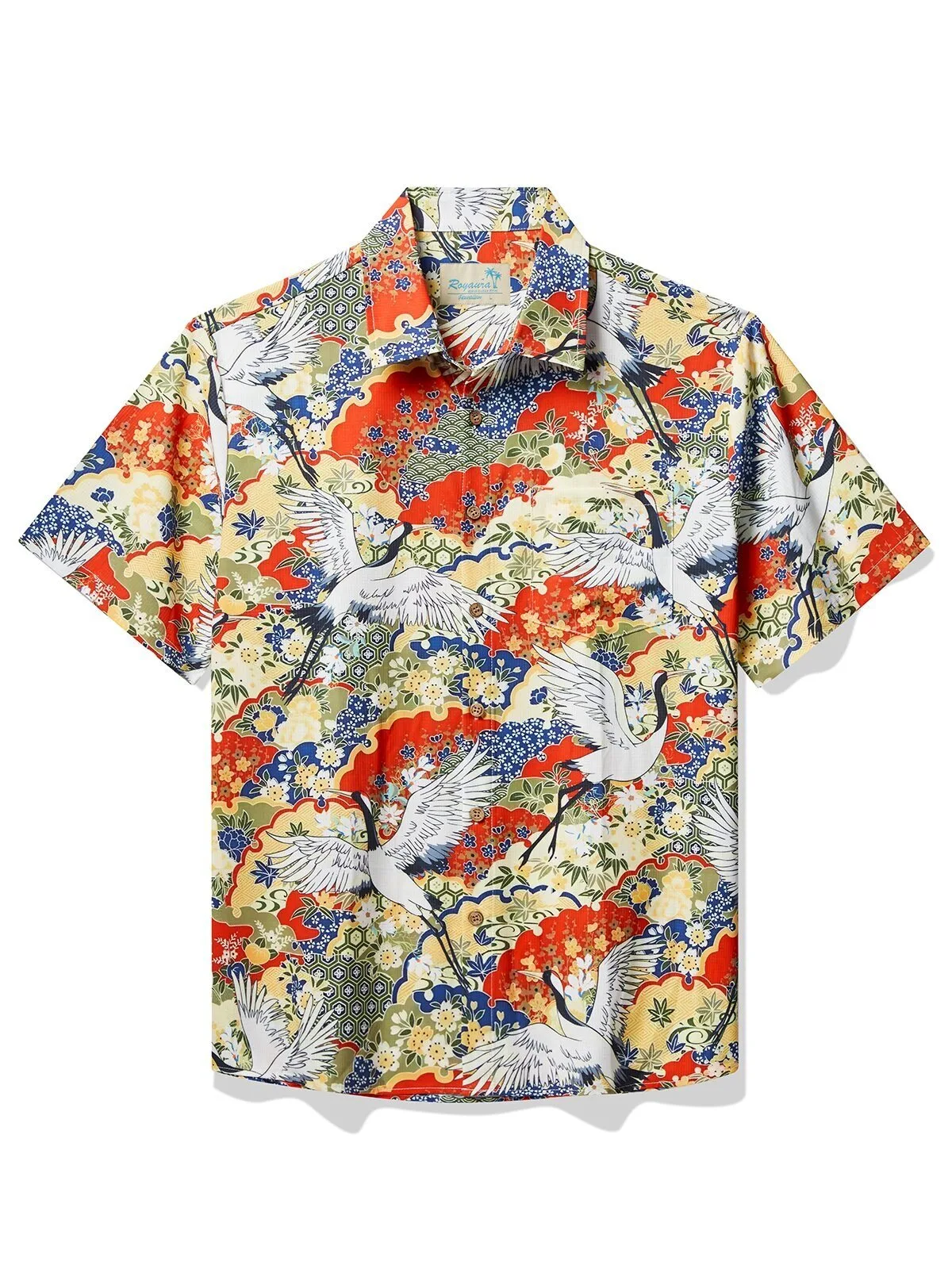 Vintage Japanese Crane Print Men's Hawaiian Shirt with Pocket