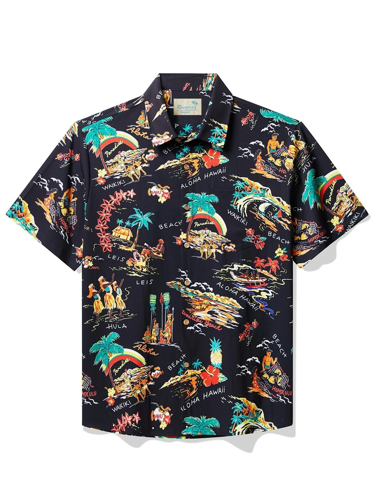 Vintage Hawaiian Beach Scene Print Men's Short Sleeve Button Down Hawaiian Shirt