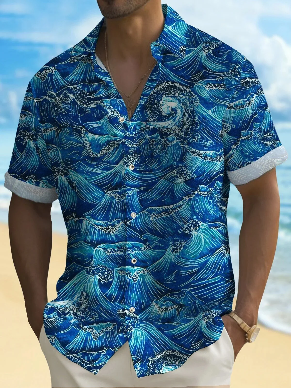 Vintage Japanese Blue Ocean Waves Men's Hawaiian Shirt